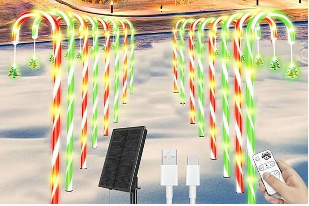 35'' Solar Candy Cane Lights,10 Pack Solar & USB-C Rechargeable,100 LED mode